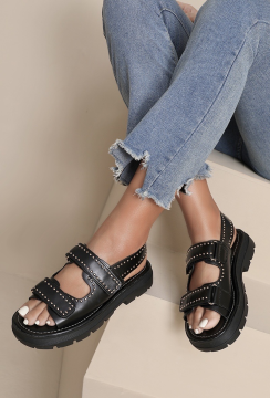 Sandales VALENTINA cloutées | Noir & doré, semelle crantée