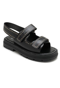 Sandales VALENTINA cloutées | Noir & doré, semelle crantée