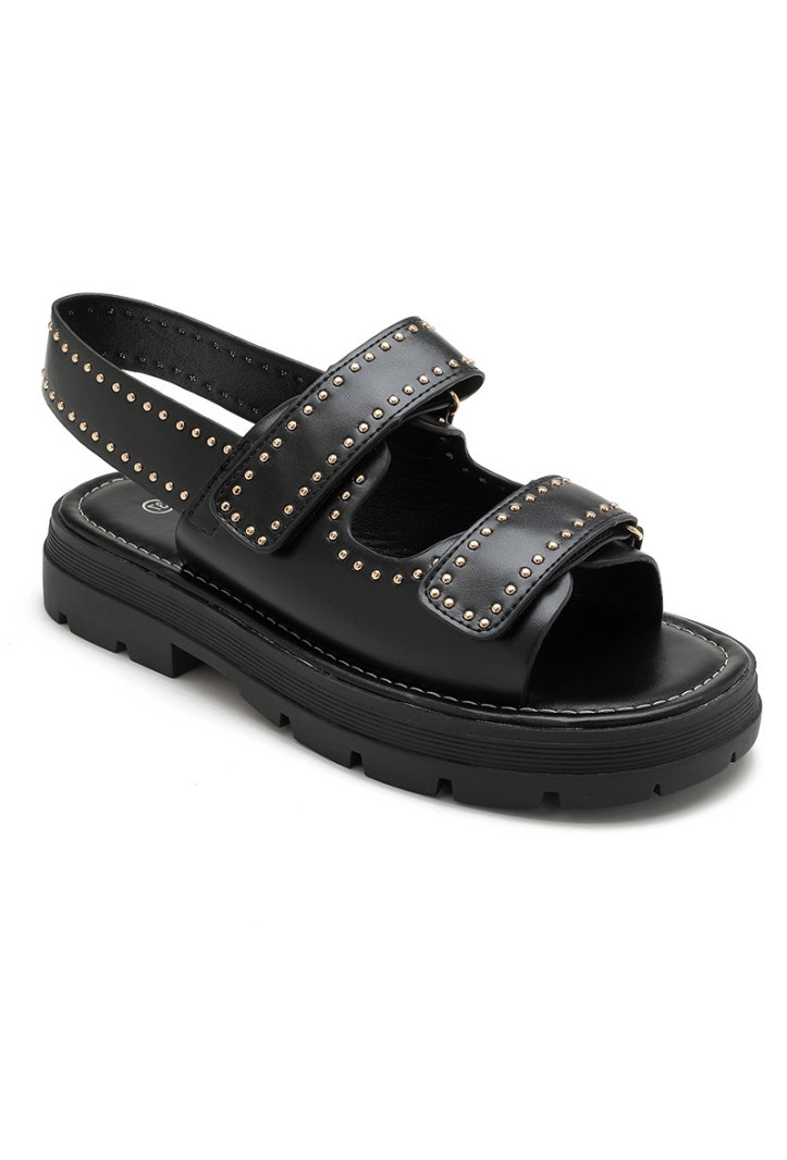 Sandales VALENTINA cloutées | Noir & doré, semelle crantée