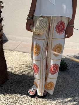 Pantalon SOL corail | Fluide & brodé soleil