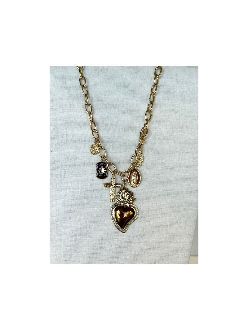 Collier breloques cœur sacré doré/chocolat | Acier inoxydable