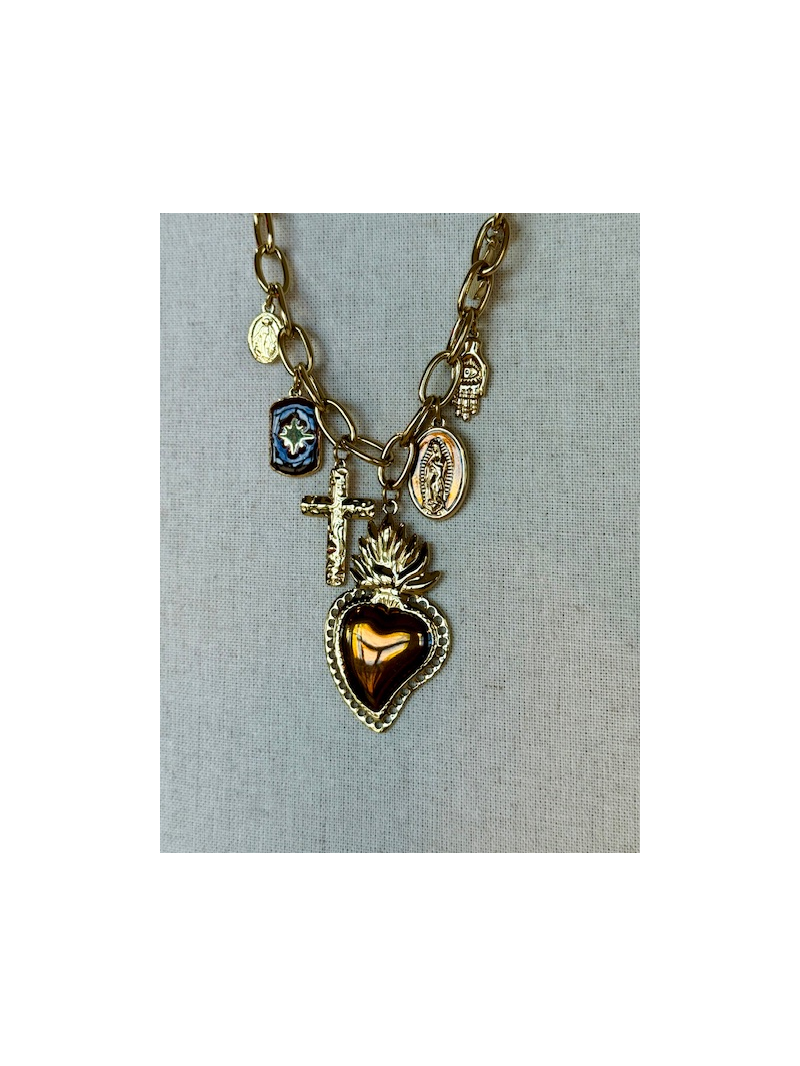 Collier breloques cœur sacré doré/chocolat | Acier inoxydable