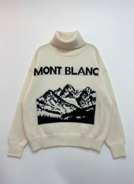 Pull Mont Blanc écru col roulé motif montagne - Femme