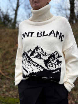 Pull Mont Blanc écru col roulé motif montagne - Femme