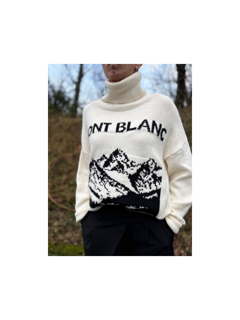 Pull Mont Blanc écru col roulé motif montagne - Femme