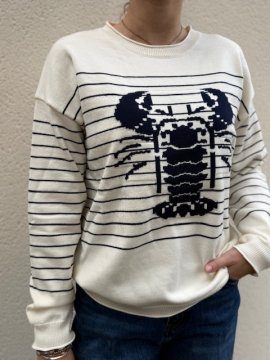 Pull écru maille avec motif homard marine | Tendance