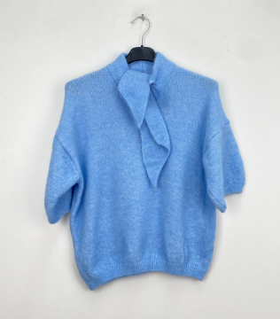 Pull Lucie bleu à manches courtes & col foulard | Sud Access Pull Lucie bleu à manches courtes & col foulard | Sud Access