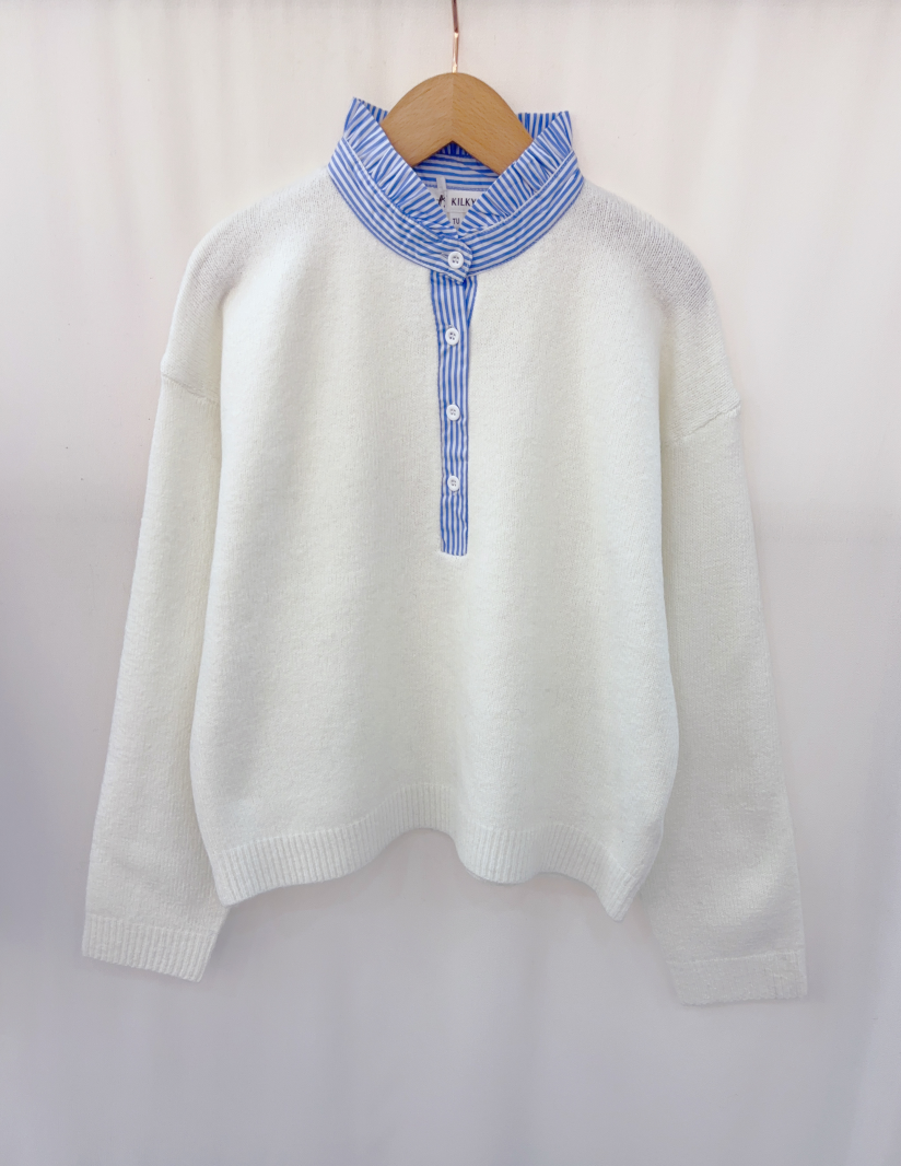 Pull blanc femme col chemise rayé bleu – Maille douce Pull blanc femme col chemise rayé bleu – Maille douce