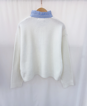 Pull blanc femme col chemise rayé bleu – Maille douce Pull blanc femme col chemise rayé bleu – Maille douce