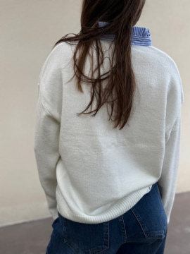 Pull blanc femme col chemise rayé bleu – Maille douce Pull blanc femme col chemise rayé bleu – Maille douce