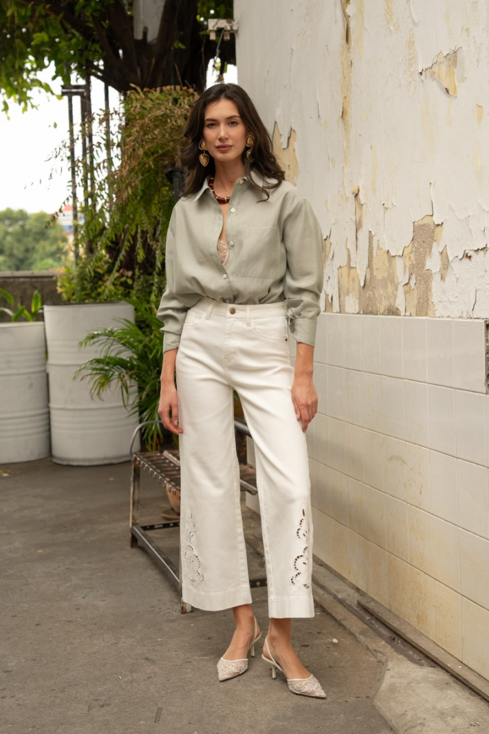 Jean wide blanc brodé Aliocha | Jean femme coupe large taille haute Jean wide blanc brodé Aliocha | Jean femme coupe large taille haute