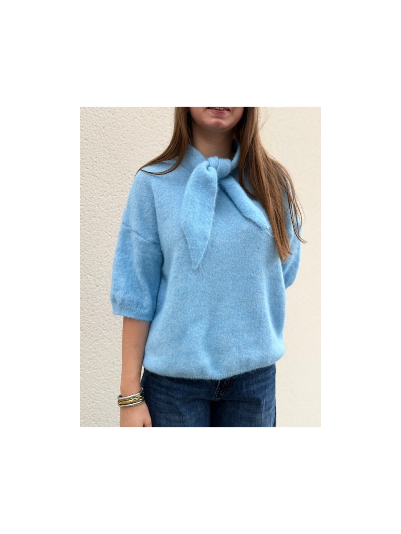 Pull Lucie bleu à manches courtes & col foulard | Sud Access Pull Lucie bleu à manches courtes & col foulard | Sud Access