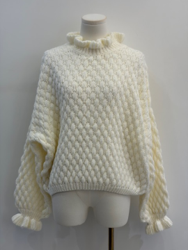 Pull écru maille torsadée – Col volanté, style cocooning chic | Sud Access