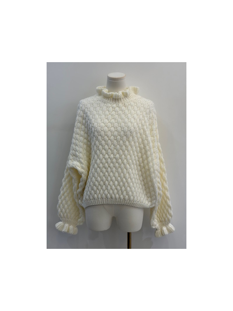 Pull écru maille torsadée – Col volanté, style cocooning chic | Sud Access