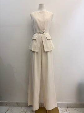 Ensemble écru chic – Veste ceinturée et pantalon large fluide | Sud Access