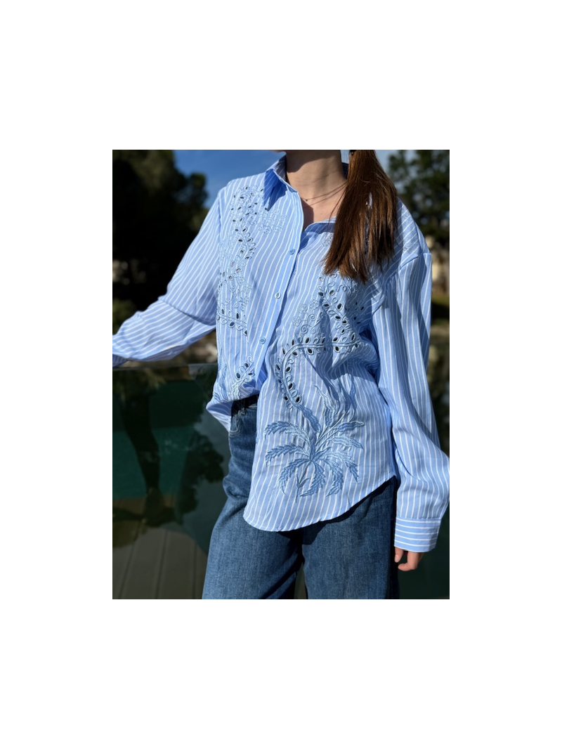 Chemise Julia rayée brodée bleu ciel | Sud Access