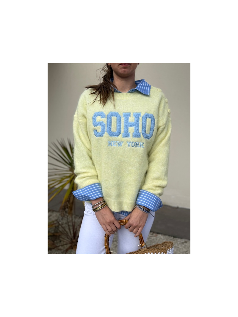 Pull jaune SOHO New York – Maille douce, détails boutons épaule | Sud Access