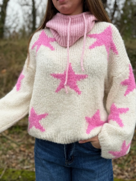 Pull écru loose étoile rose | Tendance & cosy