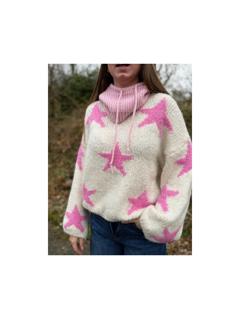 Pull écru loose étoile rose | Tendance & cosy