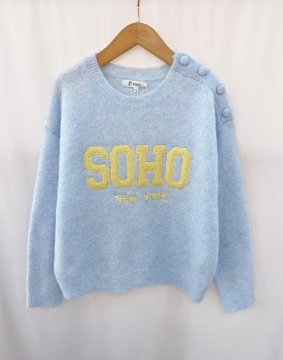 Pull bleu SOHO New York – Maille douce, détails boutons épaule | Sud Access