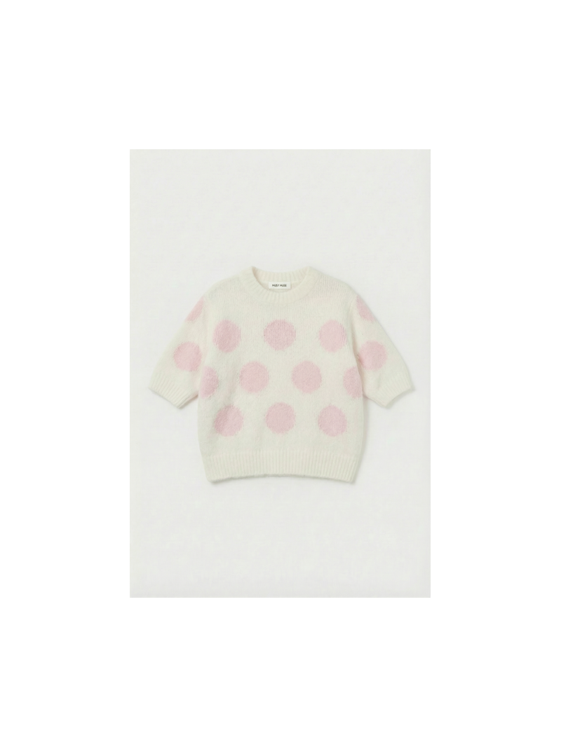 Pull écru à pois roses manches courtes – Maille douce & look tendance été Pull écru à pois roses manches courtes – Maille douce & look tendance été