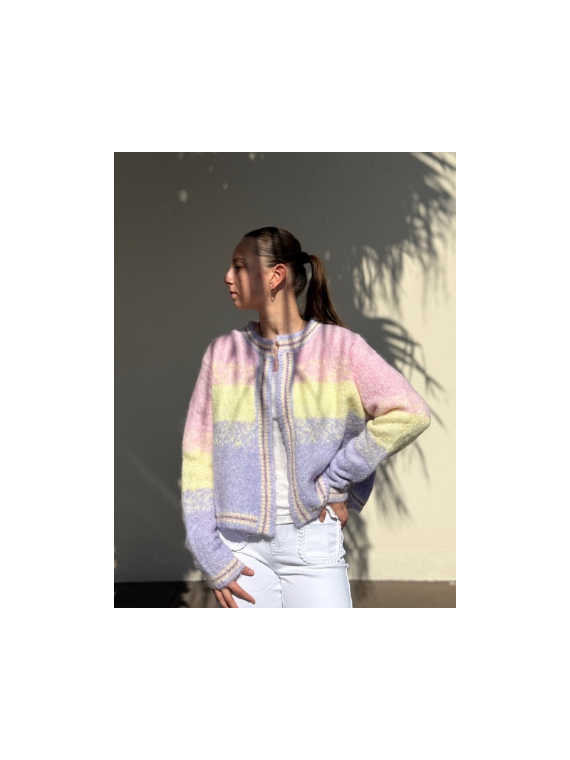 Gilet Arc-en-ciel multicolore femme – Maille douce ouverte | Style pastel tendance Gilet Arc-en-ciel multicolore femme – Maille douce ouverte | Style pastel tendance