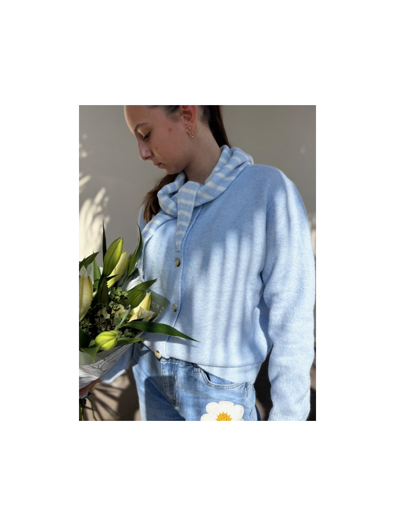 Gilet bleu ciel maille douce – Boutonné avec foulard assorti | Sud Access
