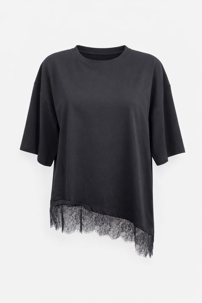 Top fluide noir avec dentelle – Coupe asymétrique chic | Sud Access