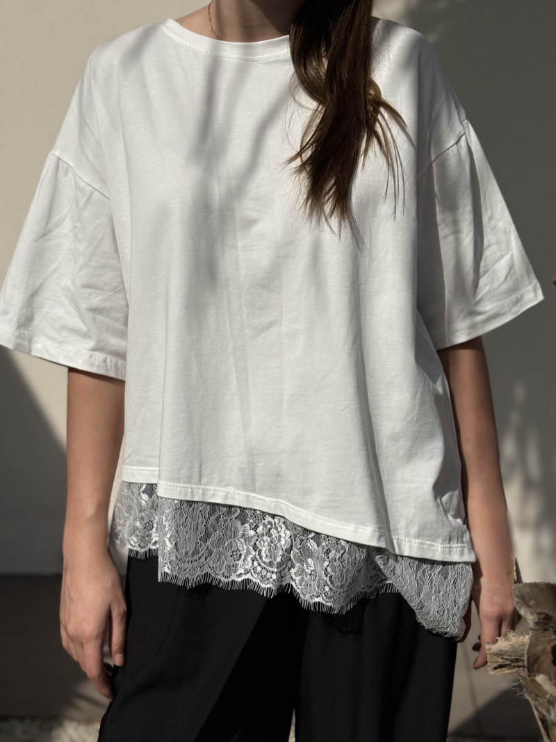Top fluide blanc avec dentelle – Coupe asymétrique chic | Sud Access
