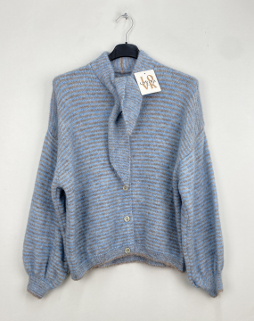 Gilet rayé bleu col foulard femme – Maille douce et tendance | Sud Access