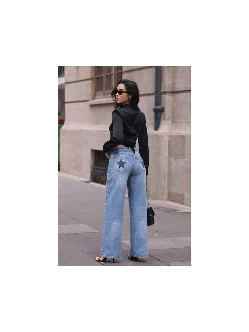 Jean wide leg bleu étoiles femme | Sud Access