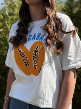 T-shirt blanc imprimé Copacabana – motif fruit papaye – coupe fluide femme T-shirt blanc imprimé Copacabana – motif fruit papaye – coupe fluide femme