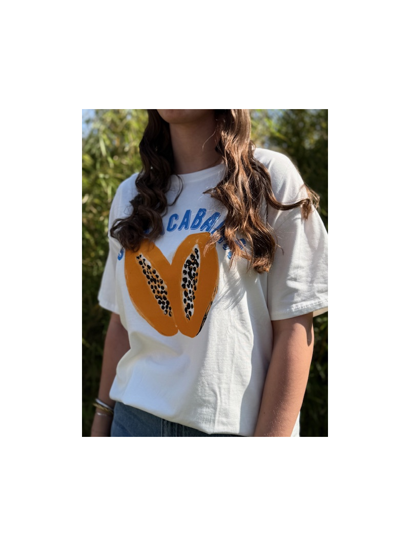 T-shirt blanc imprimé Copacabana – motif fruit papaye – coupe fluide femme T-shirt blanc imprimé Copacabana – motif fruit papaye – coupe fluide femme