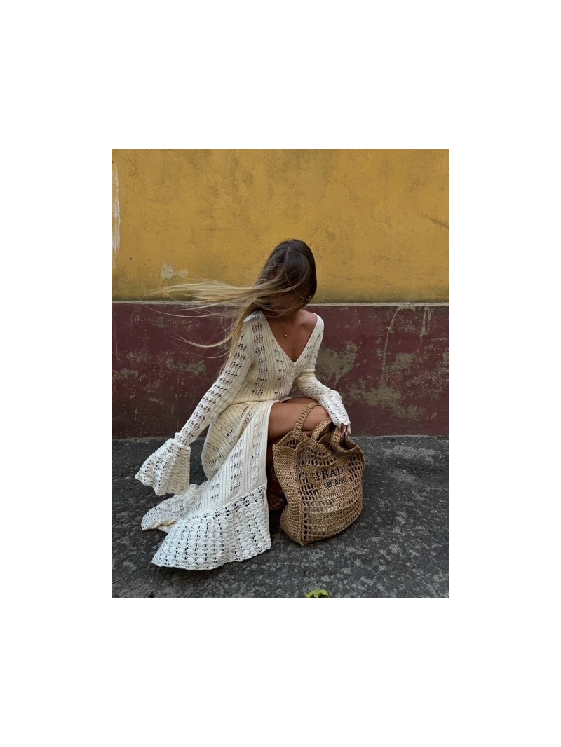 Robe gilet écrue maille ajourée – Style bohème chic