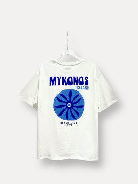 T-shirt blanc imprimé Mikonos bleu – Style estival & tendance