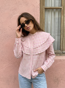 Chemise vichy rose col volanté femme – coton & viscose | Sud Access