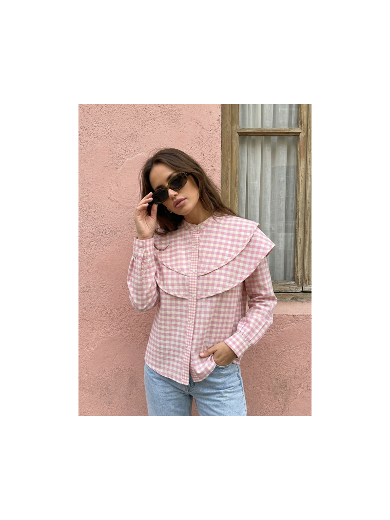 Chemise vichy rose col volanté femme – coton & viscose | Sud Access