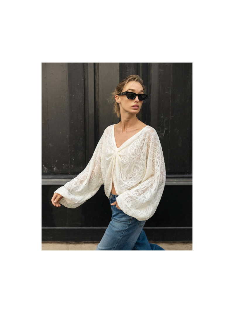 Top dentelle écru femme manches larges – coton & polyamide | Sud Access