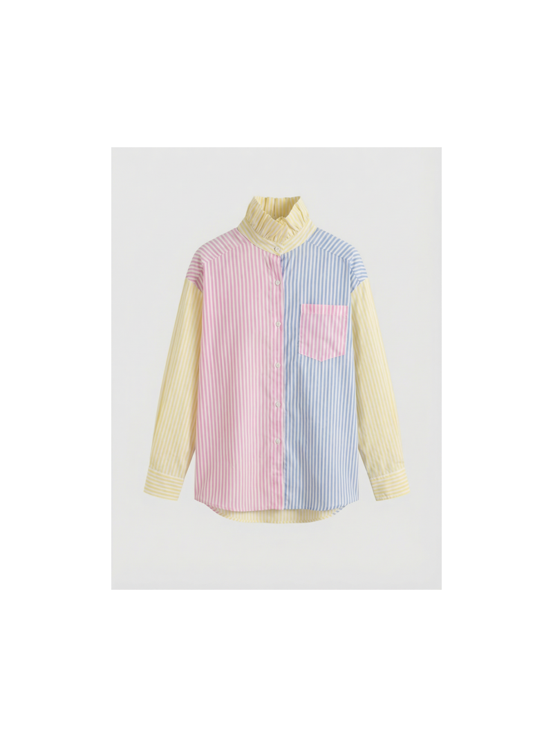 Chemise rayures multicolores col volanté femme 100% coton | Sud Access Chemise rayures multicolores col volanté femme 100% coton | Sud Access