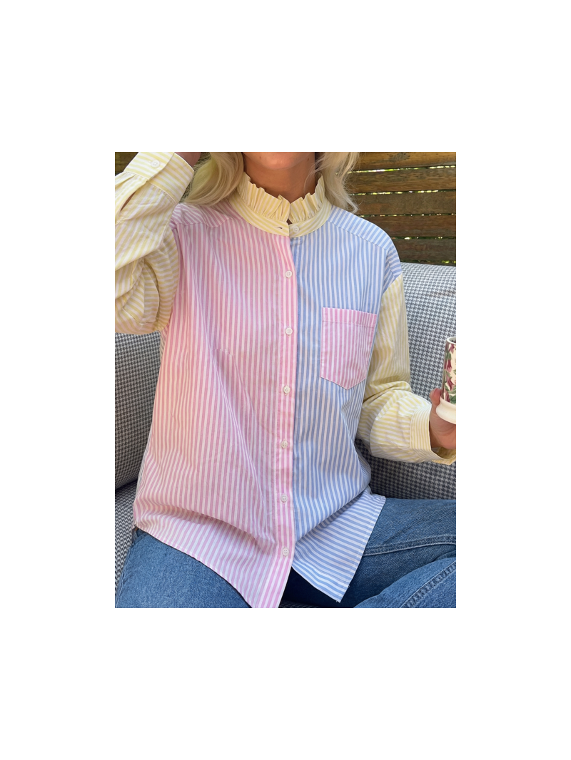 Chemise rayures multicolores col volanté femme 100% coton | Sud Access Chemise rayures multicolores col volanté femme 100% coton | Sud Access