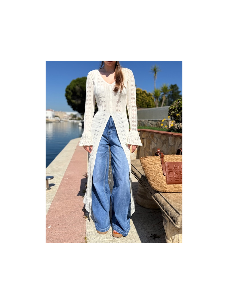 Robe gilet écrue maille ajourée – Style bohème chic