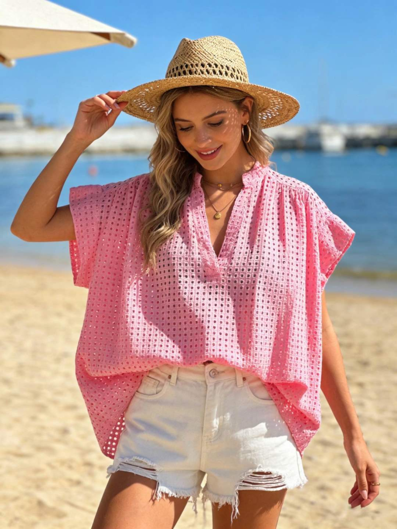 Blouse coton ajouré femme rose – coupe ample taille unique | Sud Access
