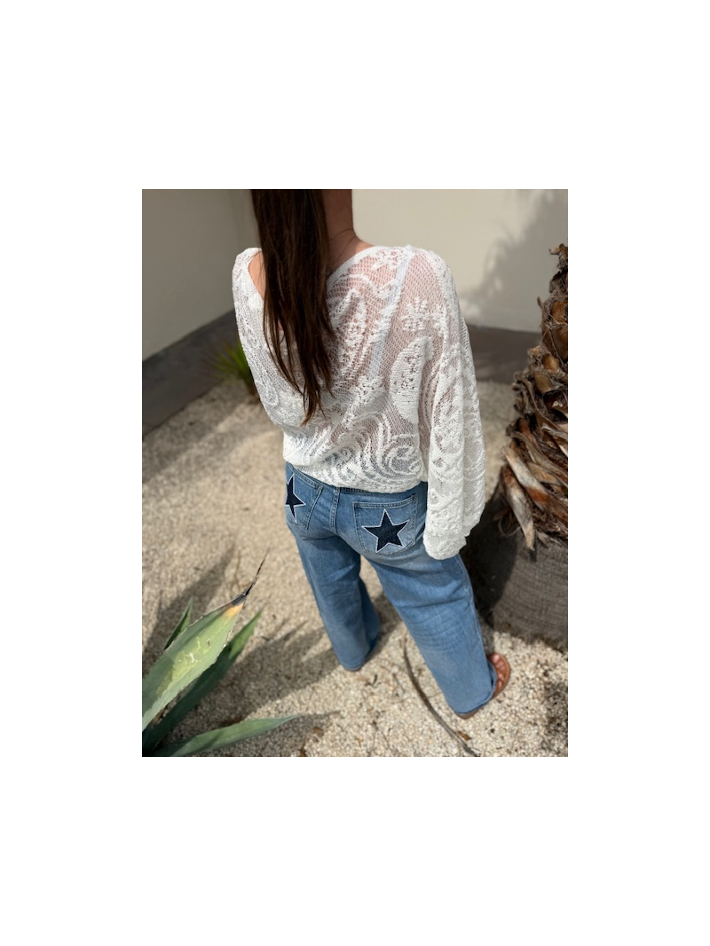 Jean wide leg bleu étoiles femme | Sud Access