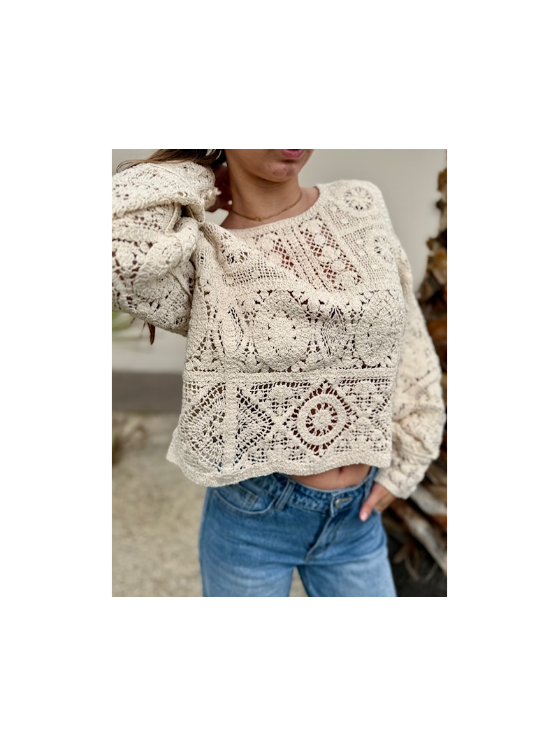 Top écru crochet manches longues boutonné | Sud Access Montélimar Top écru crochet manches longues boutonné | Sud Access Montélimar