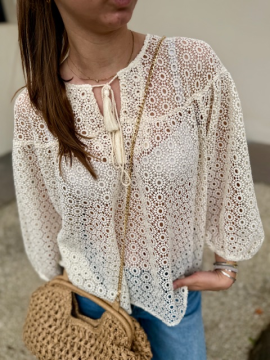 Blouse BOHO écrue crochet manches longues | Sud Access Montélimar