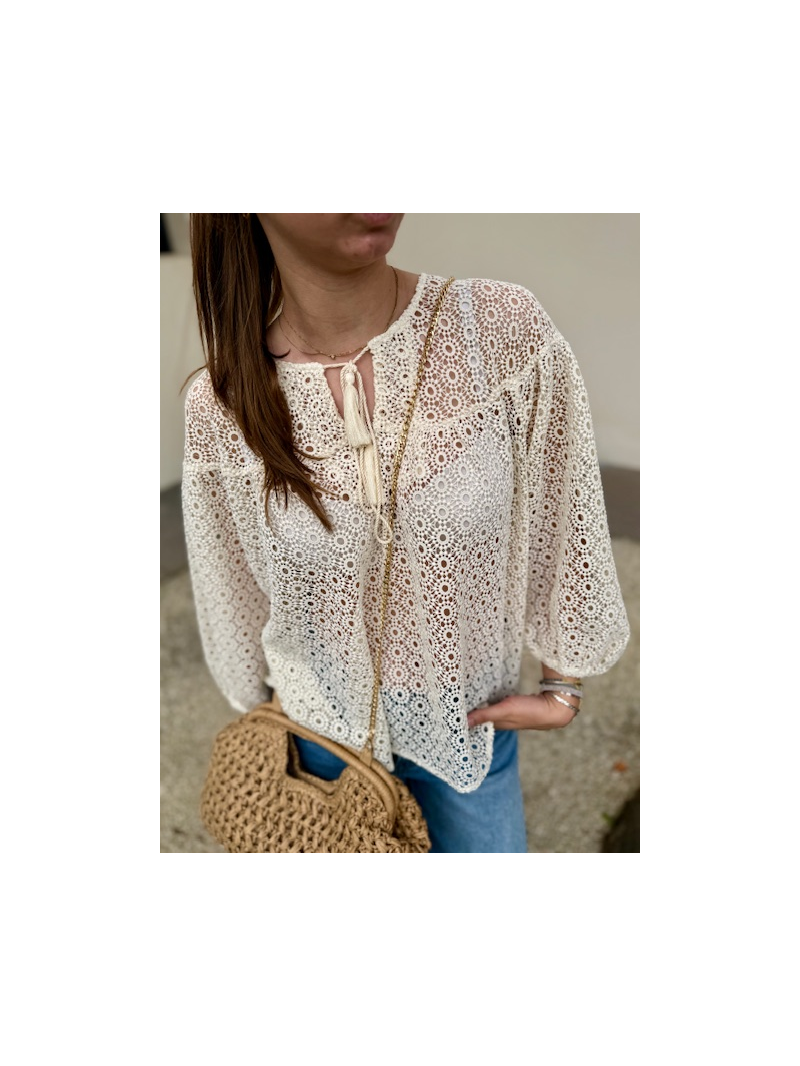 Blouse BOHO écrue crochet manches longues | Sud Access Montélimar