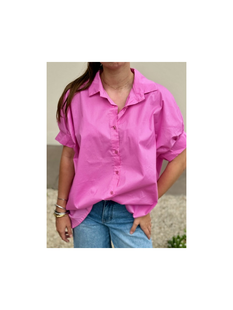 Chemise oversize rose manches 3/4 boutonnée | Chemise fluide femme tendance