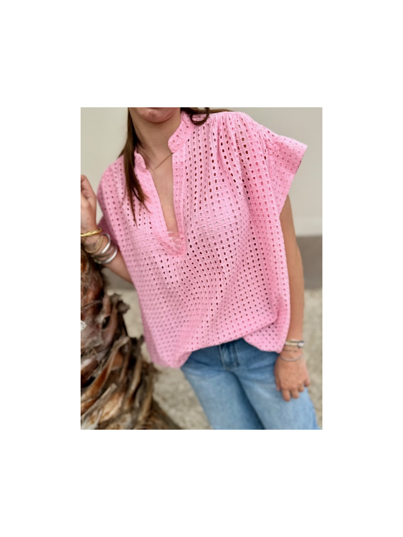 Blouse coton ajouré femme rose – coupe ample taille unique | Sud Access
