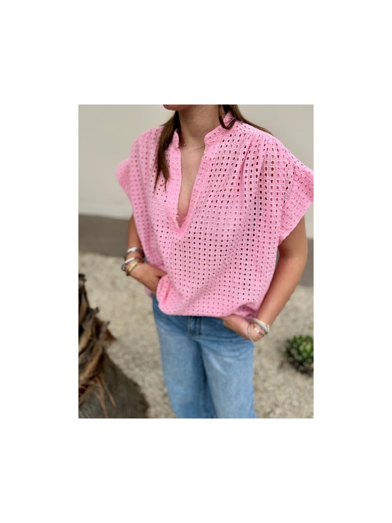 Blouse coton ajouré femme rose – coupe ample taille unique | Sud Access