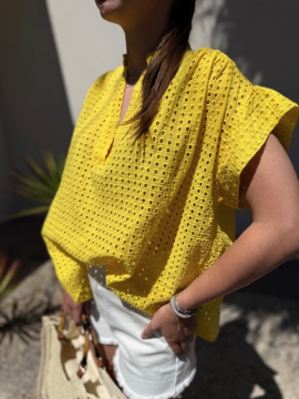 Blouse coton ajouré femme jaune – coupe ample taille unique | Sud Access